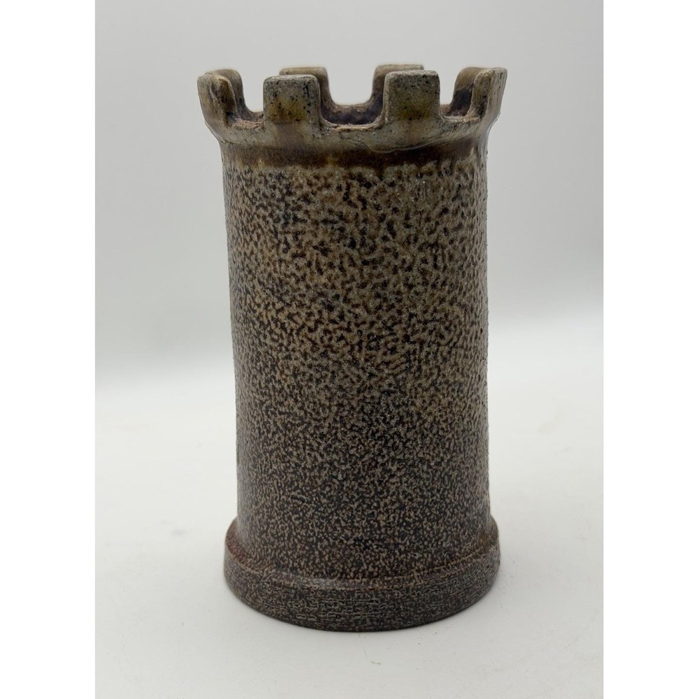 Studio Pottery Castle Tower Vase Textured Brown Glaze Incised DDR Mark 4.75"